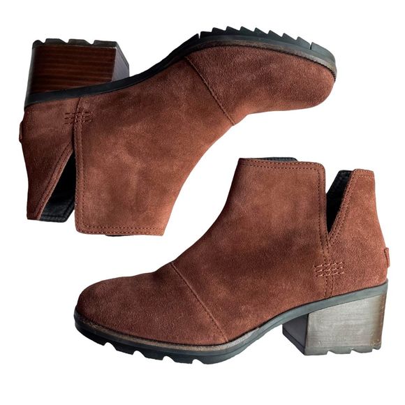 Sorel Shoes - Sorel Cate Suede Cut Out Heeled Booties Burro Brown